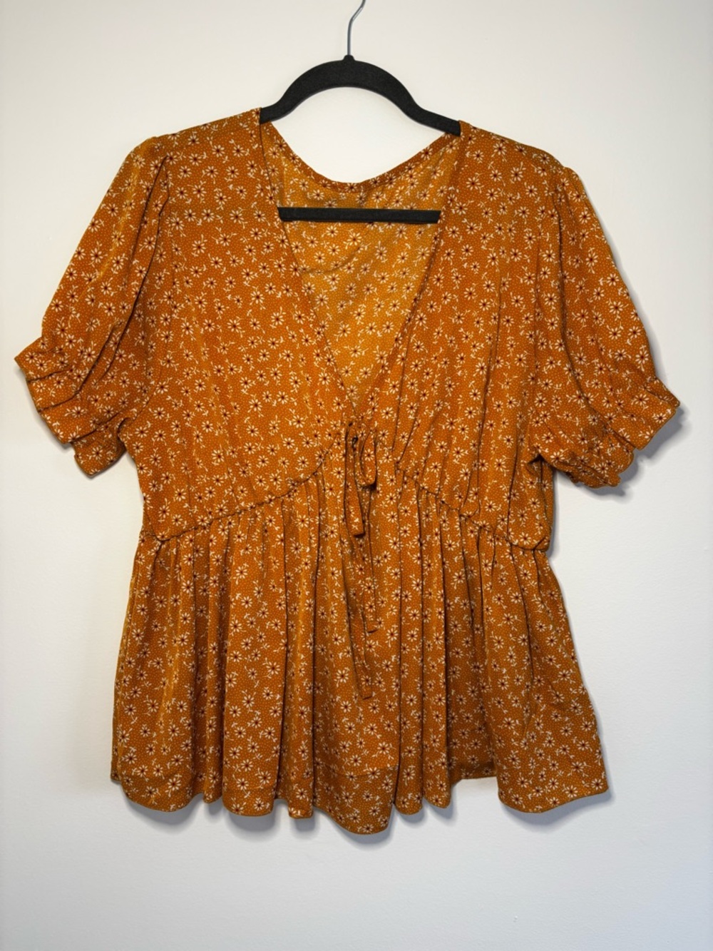 SHEIN Mustard Floral Tie-Front Peplum Blouse